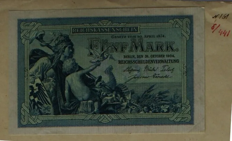 Германия. Государственная ассигнация. (Имперский кассовый знак - Reichskassenschein). 5 марок. 1904 г.