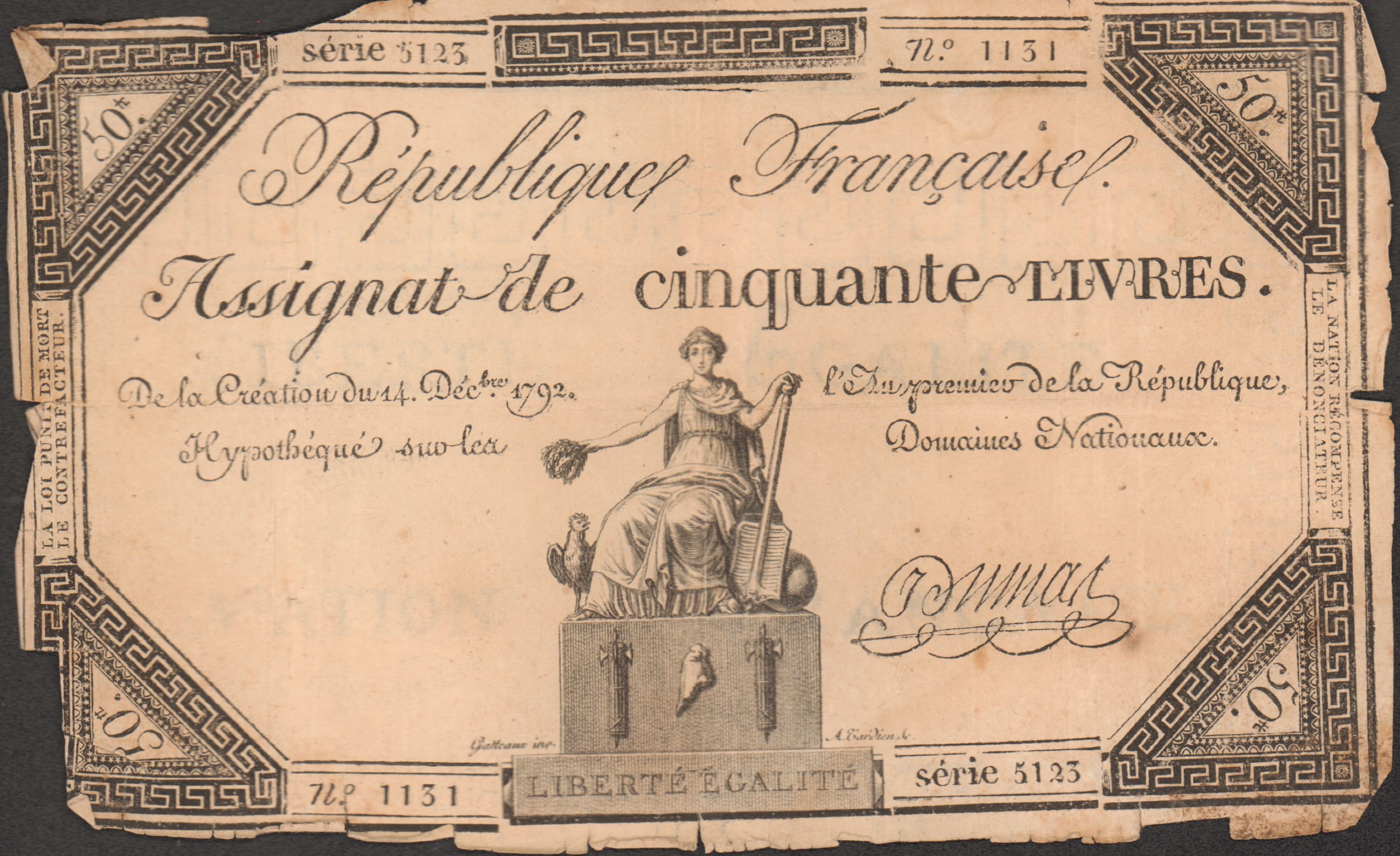 Французская Республика Ассигнация 50 ливров, 1792 (Французская революция)