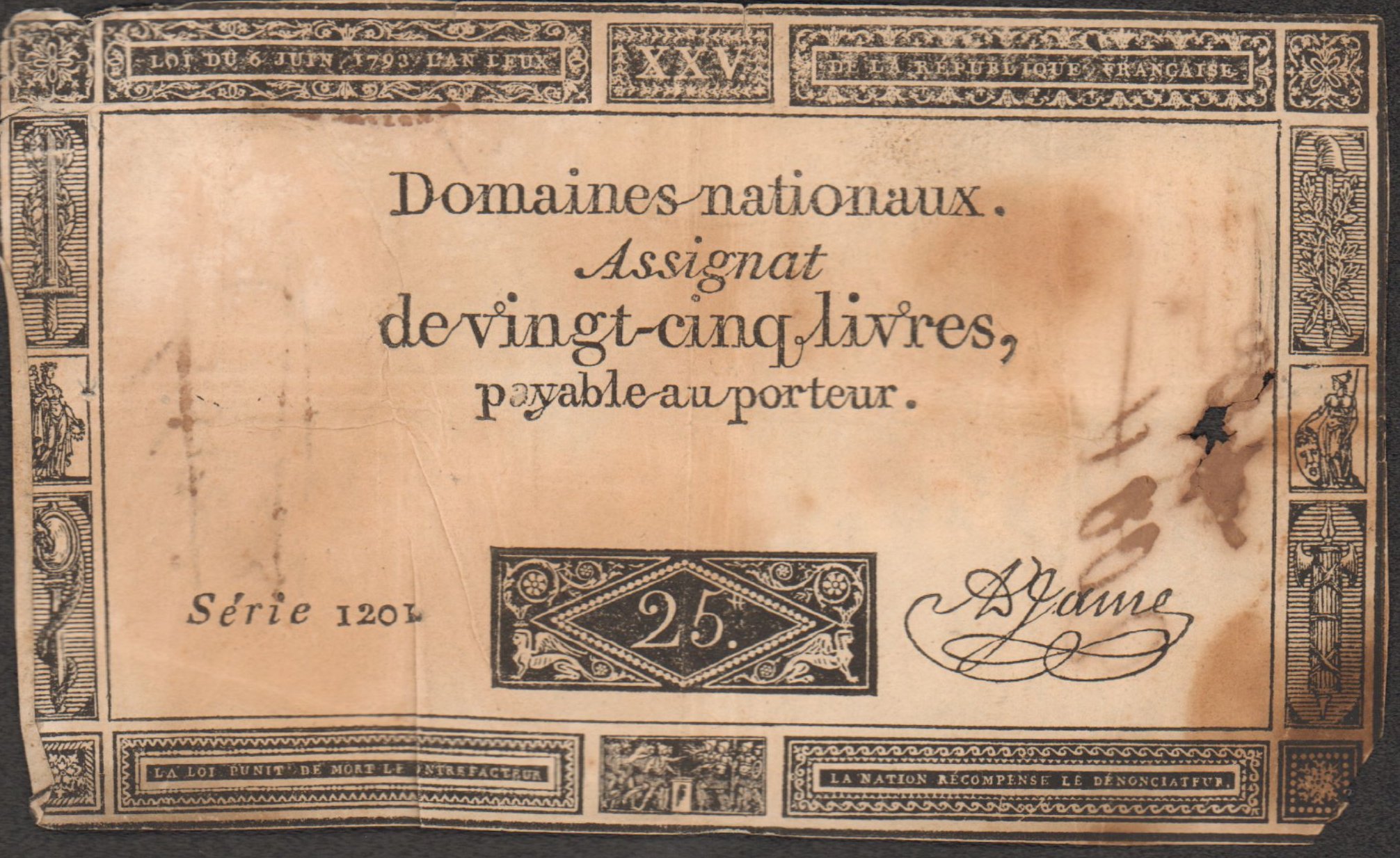 Французская Республика Ассигнация 25 ливров, 1793 (Закон от 6 июня 1793 г.)
