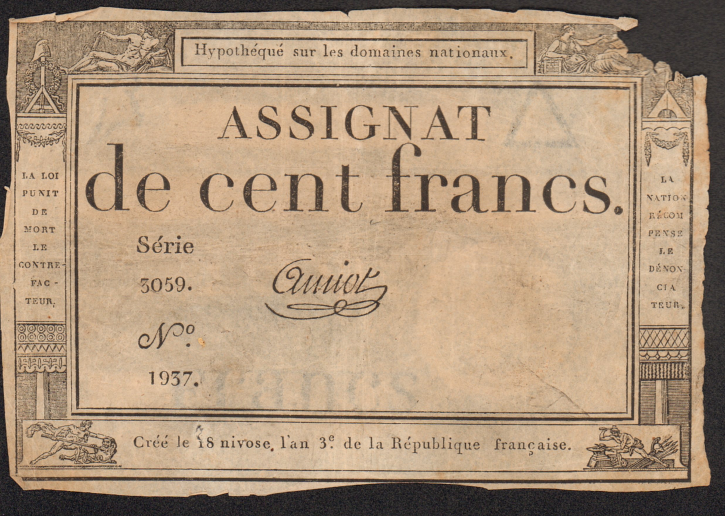 Французская Республика Ассигнация 100 франков, 1795 (3-й год Республики)