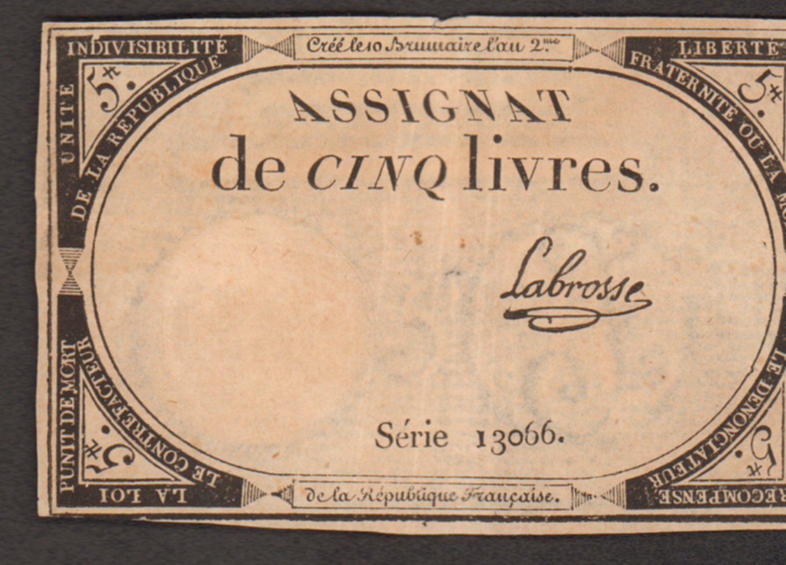 Французская Республика Ассигнация 5 ливров, 1793 (Французская Первая Республика, Выпуск II года)