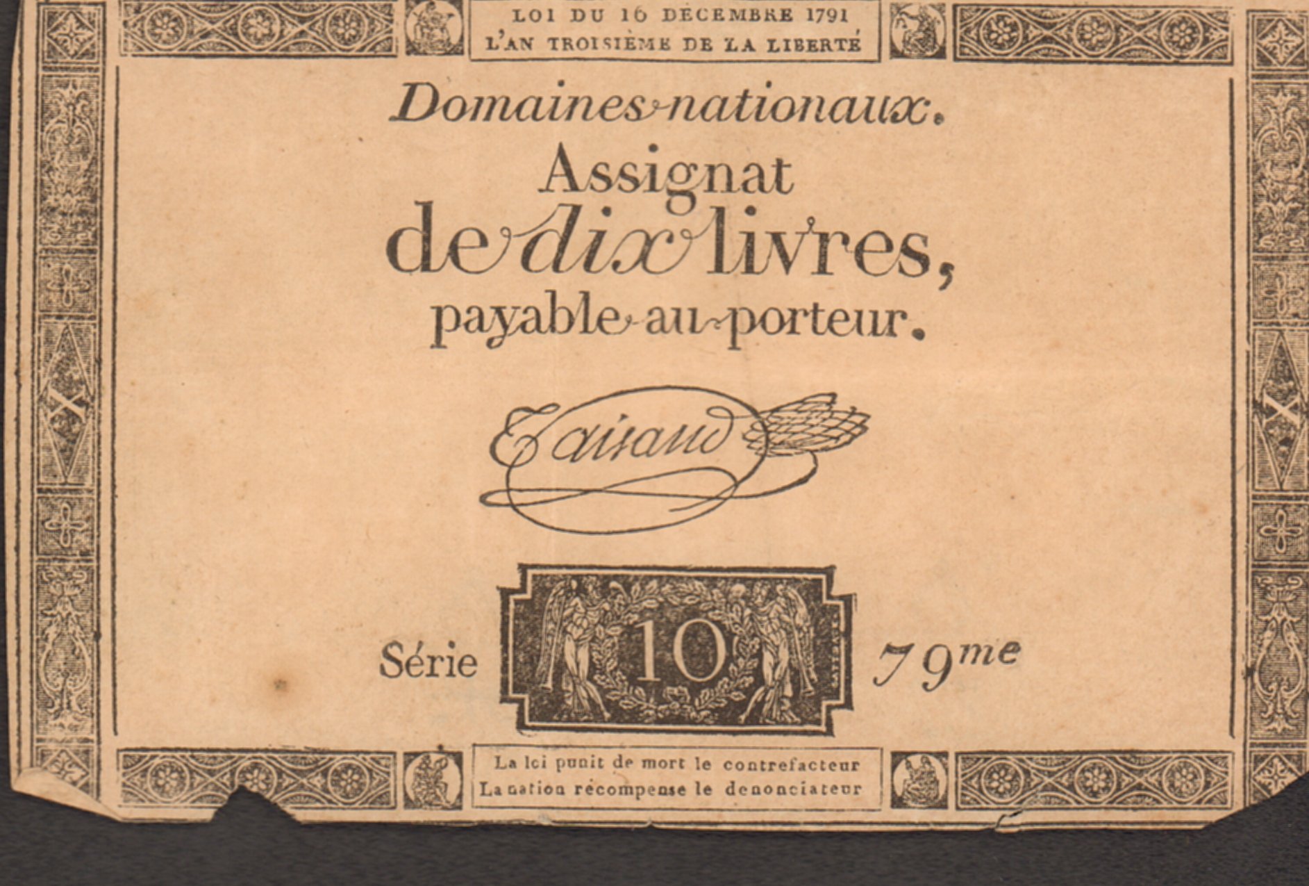 Французская Республика Ассигнация 10 ливров, 1791 (Закон от 16 декабря 1791 г., III год Свободы)